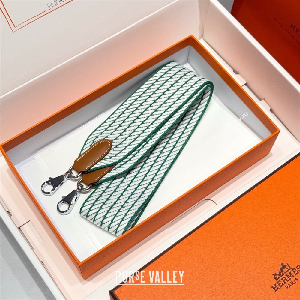 Hermes Canvas Bag Strap 5x85cm Green/White/Silver 2025 (FL-250701042)