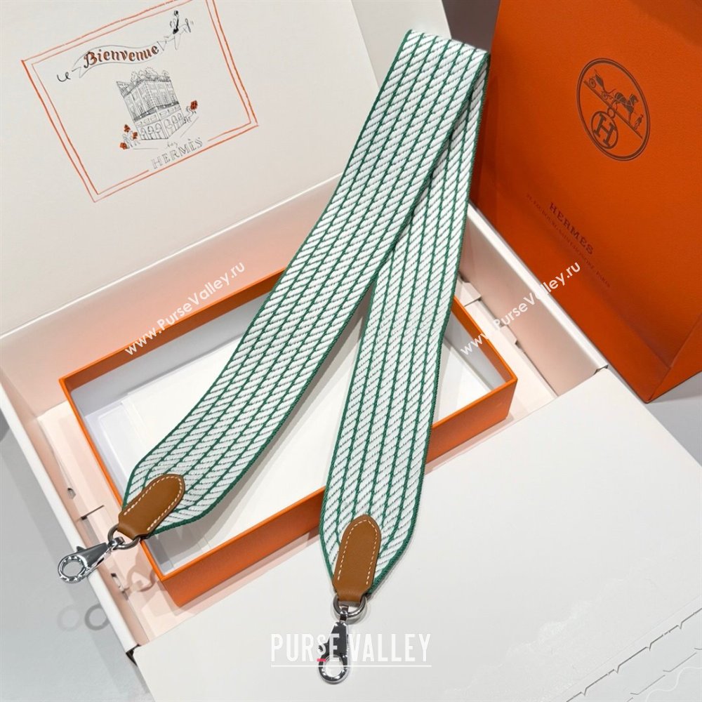 Hermes Canvas Bag Strap 5x85cm Green/White/Silver 2025 (FL-250701042)