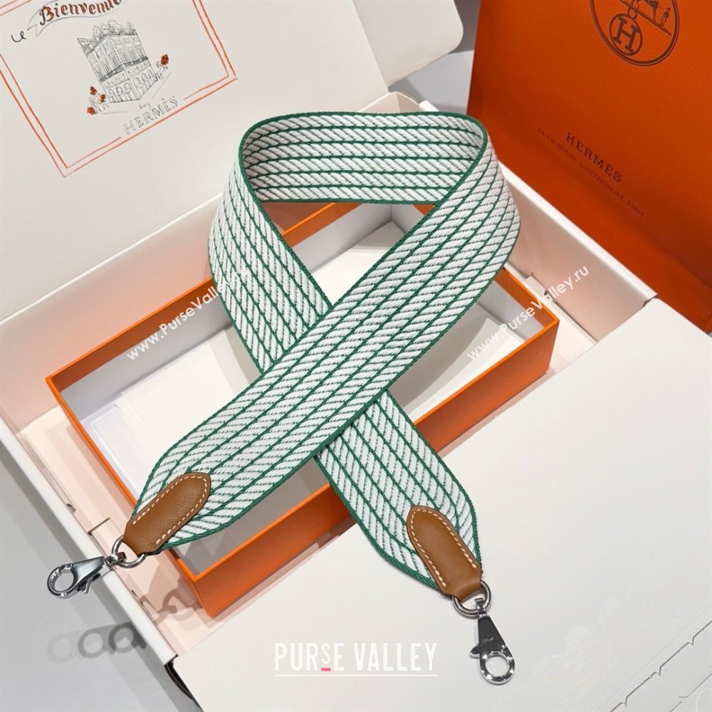 Hermes Canvas Bag Strap 5x85cm Green/White/Silver 2025 (FL-250701042)
