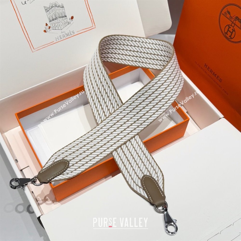 Hermes Canvas Bag Strap 5x85cm White/Elephant/Silver 2025 (FL-250701052)