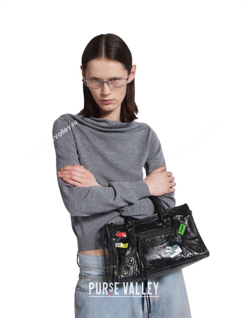 Balenciaga Le City Bag Small in black Arena Storico lambskin with printed stickers 2025 0623 (JM-251120115)