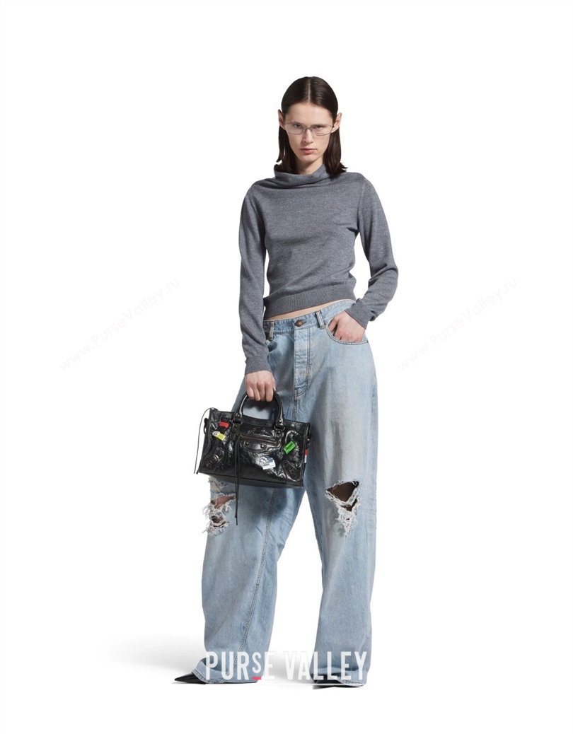 Balenciaga Le City Bag Small in black Arena Storico lambskin with printed stickers 2025 0623 (JM-251120115)