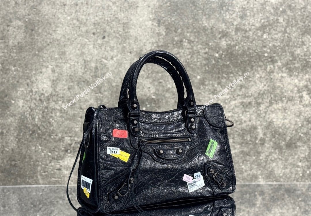 Balenciaga Le City Bag Small in black Arena Storico lambskin with printed stickers 2025 0623 (JM-251120115)