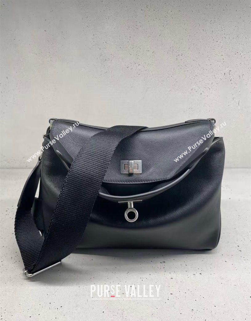 Balenciaga Mens Rodeo Messenger Bag in black smooth calfskin, aged-silver hardware 2025 (JM-251120116)