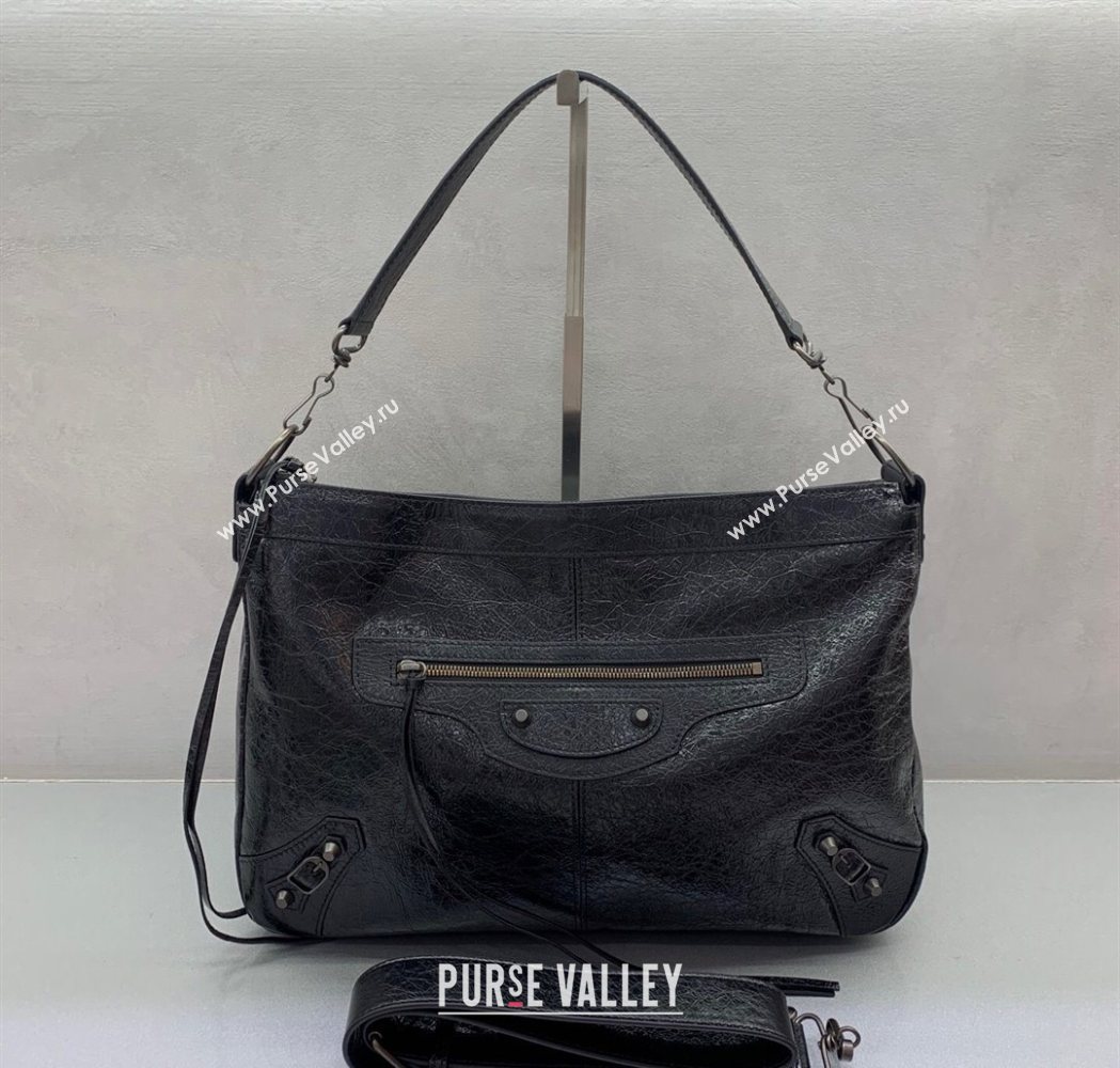 Balenciaga Le City Moto Medium Shoulder Bag in Arena Storico Lambskin Black 2025 92601 (JM-251120106)