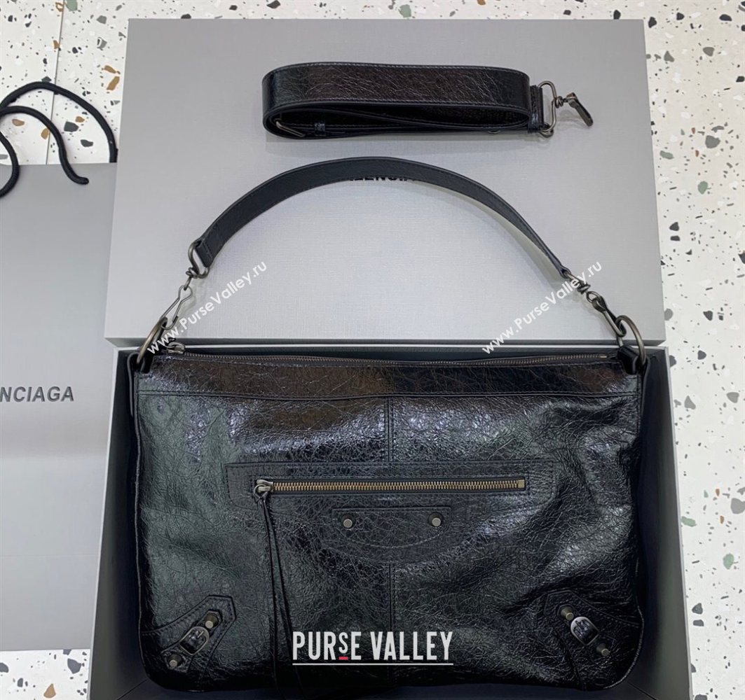 Balenciaga Le City Moto Medium Shoulder Bag in Arena Storico Lambskin Black 2025 92601 (JM-251120106)