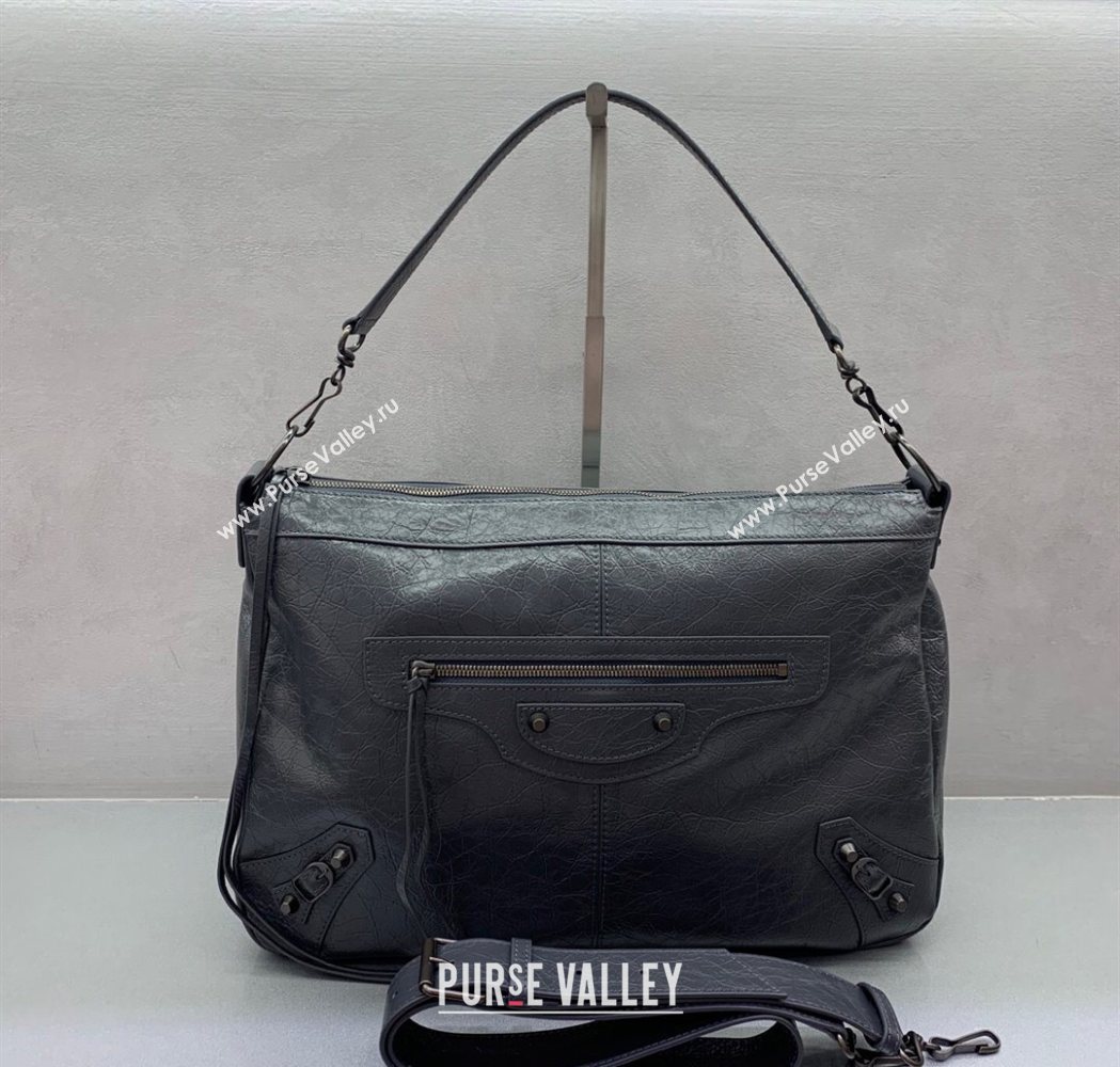 Balenciaga Le City Moto Medium Shoulder Bag in Arena Storico Lambskin Grey 2025 92601 (JM-251120105)