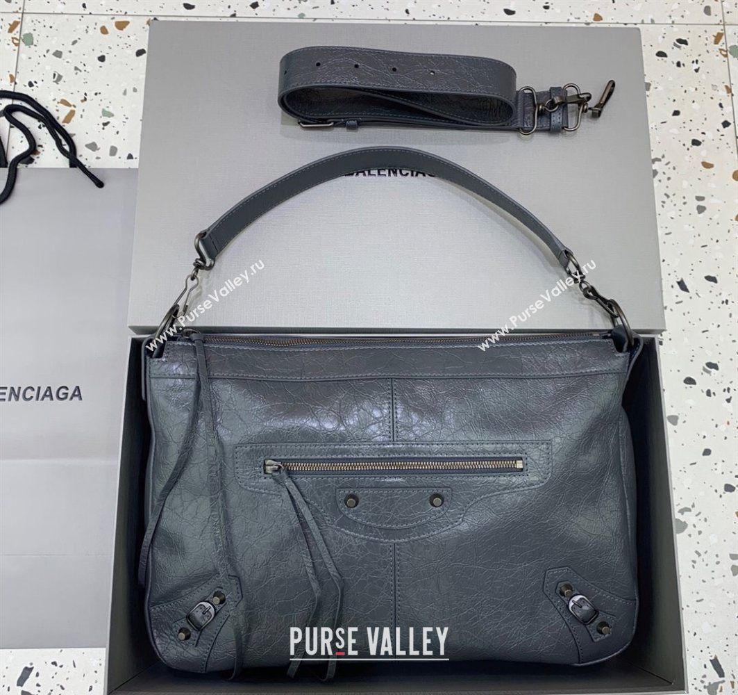 Balenciaga Le City Moto Medium Shoulder Bag in Arena Storico Lambskin Grey 2025 92601 (JM-251120105)
