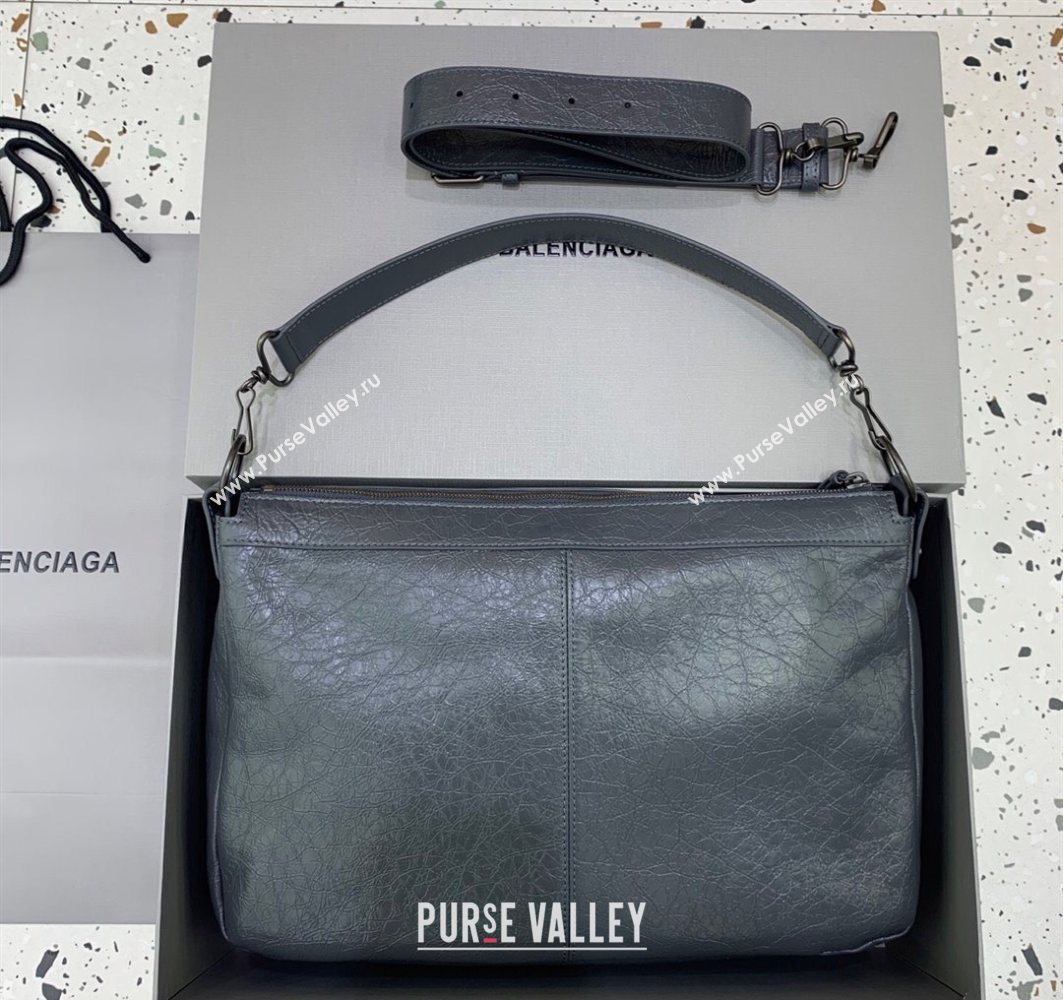 Balenciaga Le City Moto Medium Shoulder Bag in Arena Storico Lambskin Grey 2025 92601 (JM-251120105)