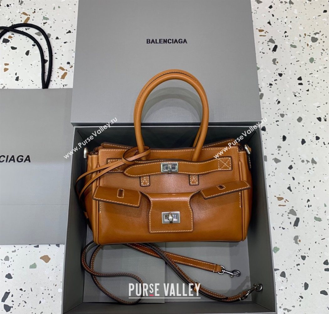 Balenciaga Bel Air Carry All Tote Bag Mini in smooth calfskin, aged-silver hardware Brown 2025 11120 (JM-251120119)