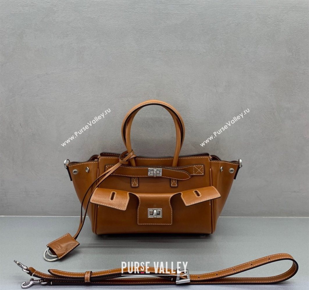 Balenciaga Bel Air Carry All Tote Bag Mini in smooth calfskin, aged-silver hardware Brown 2025 11120 (JM-251120119)