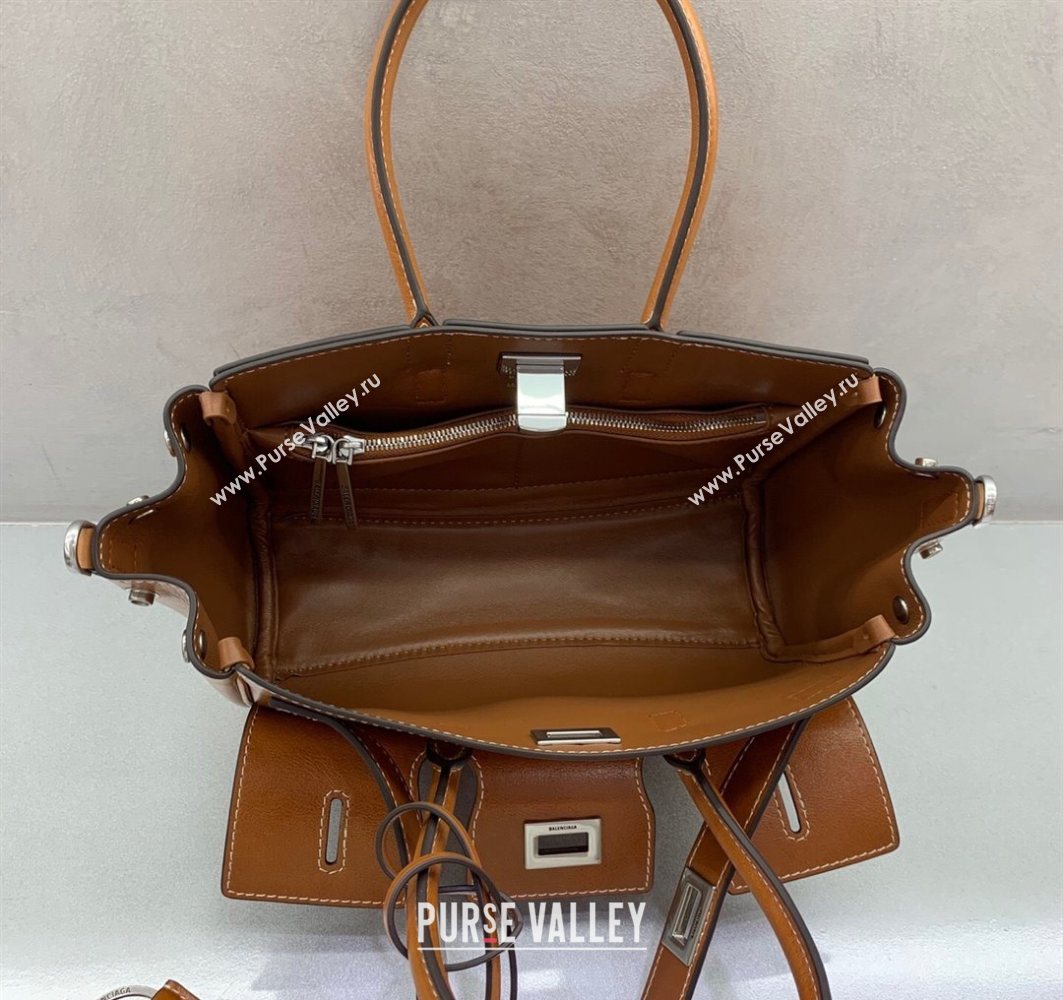 Balenciaga Bel Air Carry All Tote Bag Mini in smooth calfskin, aged-silver hardware Brown 2025 11120 (JM-251120119)