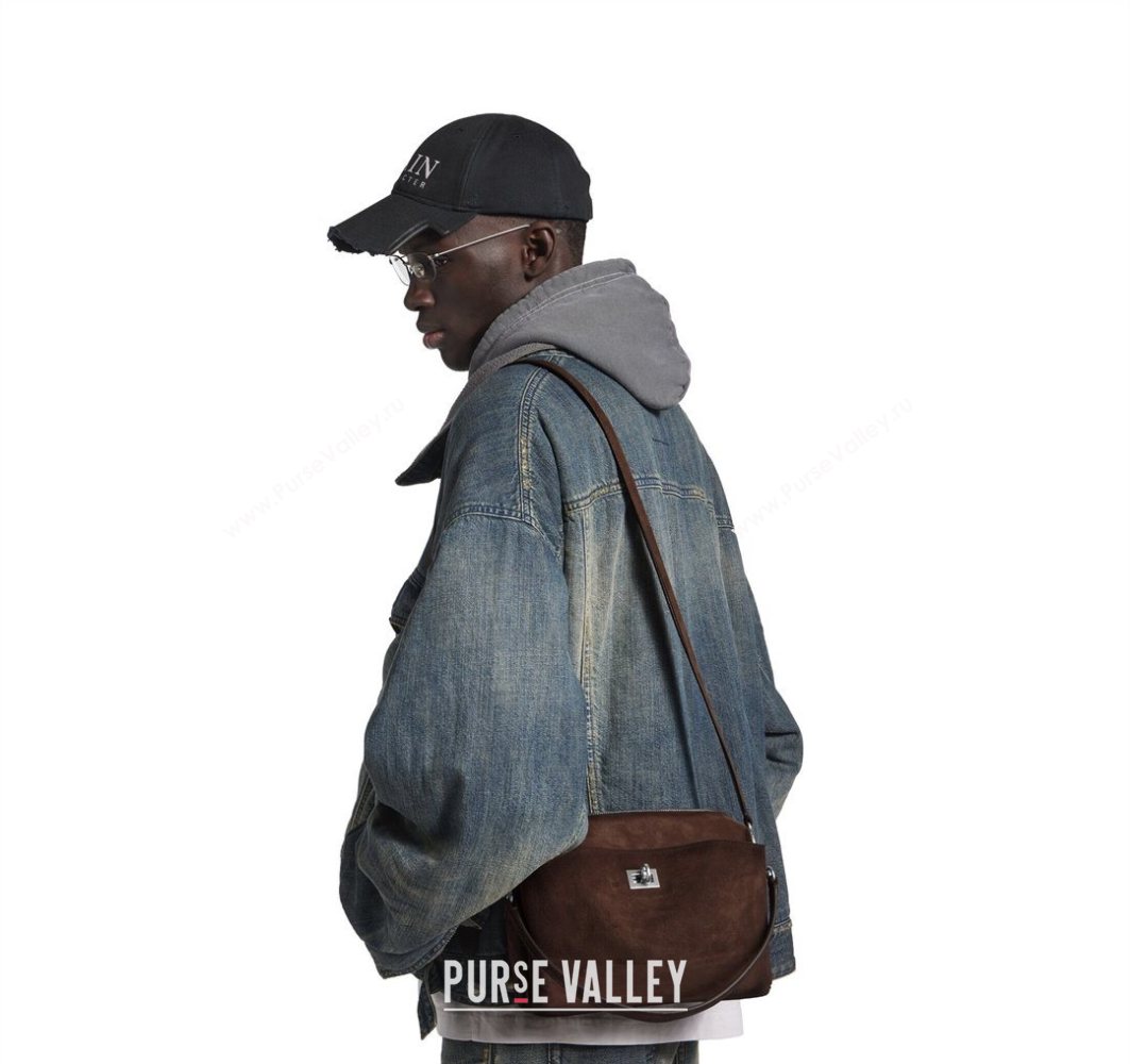Balenciaga Mens Rodeo Camera Bag in brown suede, aged-silver hardware 2025 (JM-251120135)