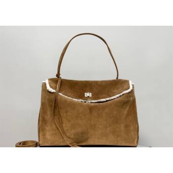 Balenciaga Rodeo Large Handbag in brown suede and white fleecel, aged-silver hardware 2025 78972 (JM-251120131)
