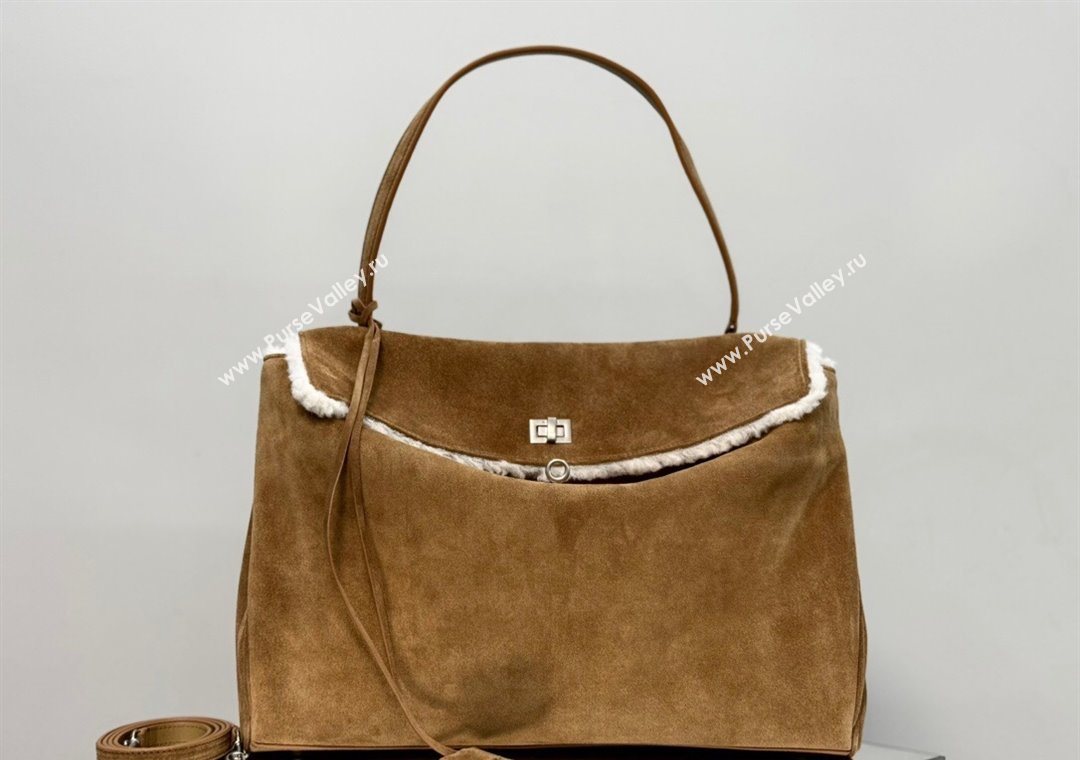 Balenciaga Rodeo Large Handbag in brown suede and white fleecel, aged-silver hardware 2025 78972 (JM-251120131)