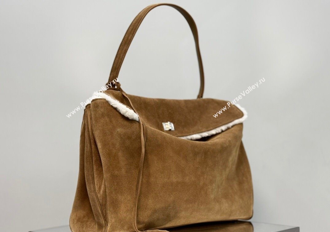 Balenciaga Rodeo Large Handbag in brown suede and white fleecel, aged-silver hardware 2025 78972 (JM-251120131)