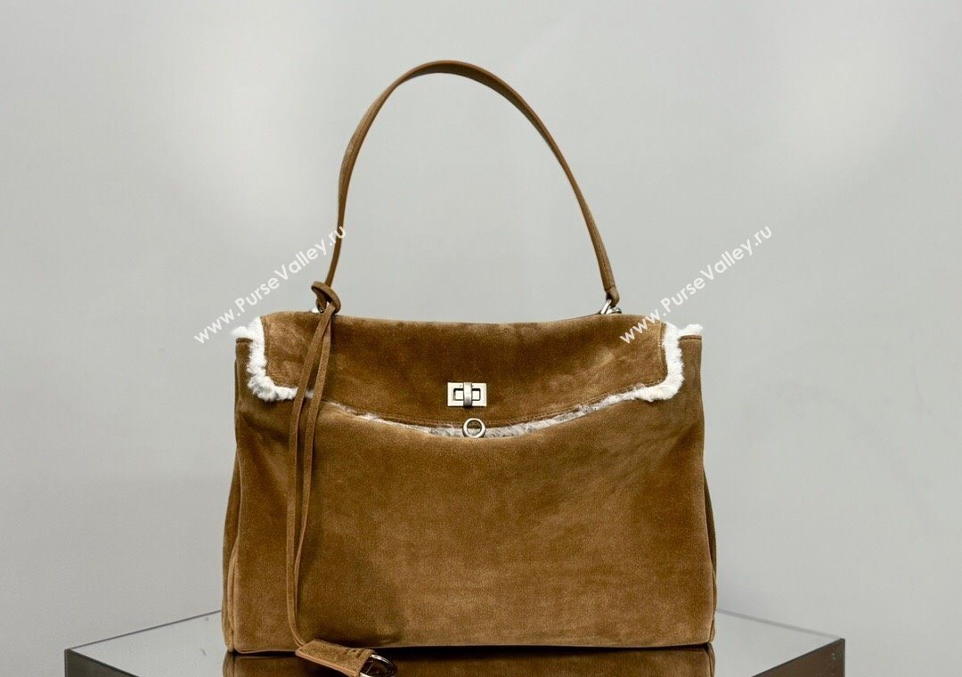 Balenciaga Rodeo Medium Handbag in brown suede and white fleecel, aged-silver hardware 2025 78972 (JM-251120132)