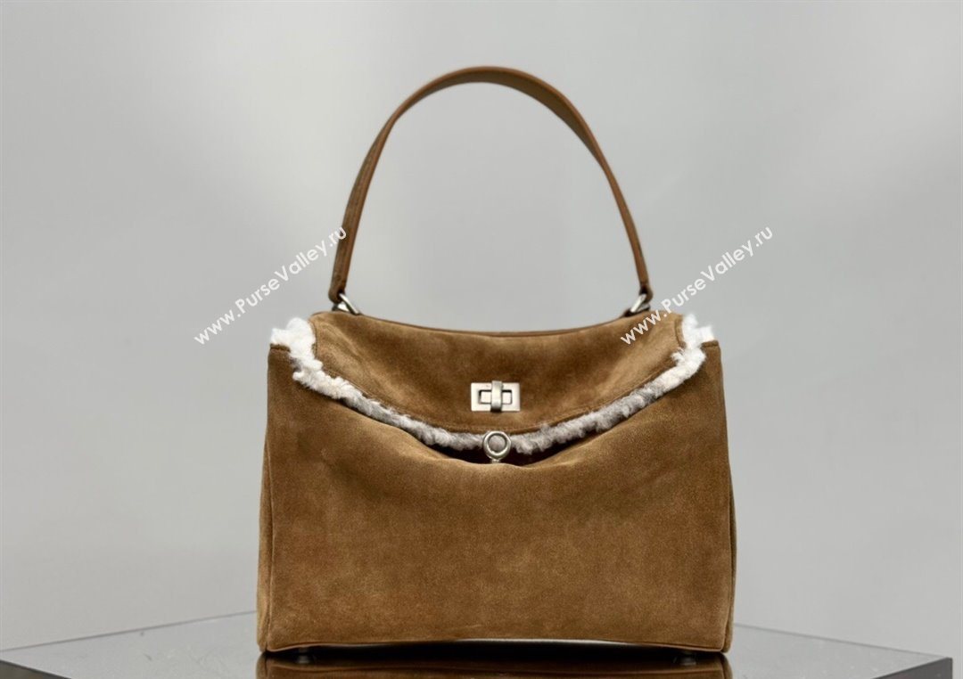 Balenciaga Rodeo Small Handbag in brown suede and white fleecel, aged-silver hardware 2025 78972 (JM-251120133)