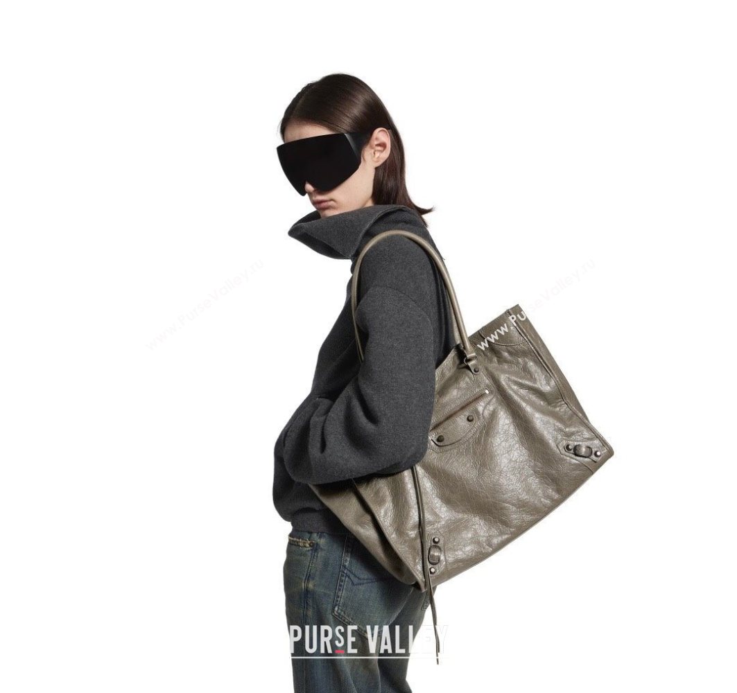 Balenciaga Le City Tote Bag Medium in Arena Storico Lambskin Army Green 2025 1029 (JM-251120110)