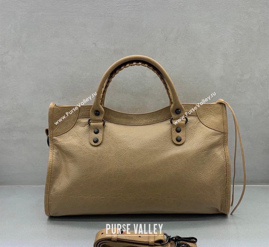 Balenciaga Le City Hobo Bag Medium in khaki yellow Arena lambskin, brass hardware 2026 (JM-260122010)