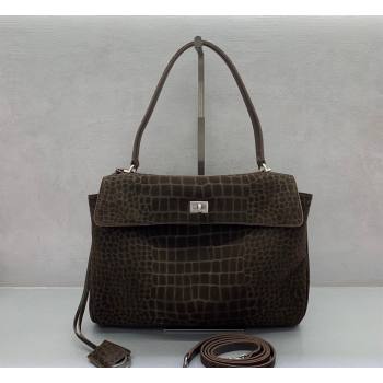 Balenciaga Rodeo Medium Handbag in Crocodile Embossed Suede Dark Coffee 2026 78972 (JM-260122002)