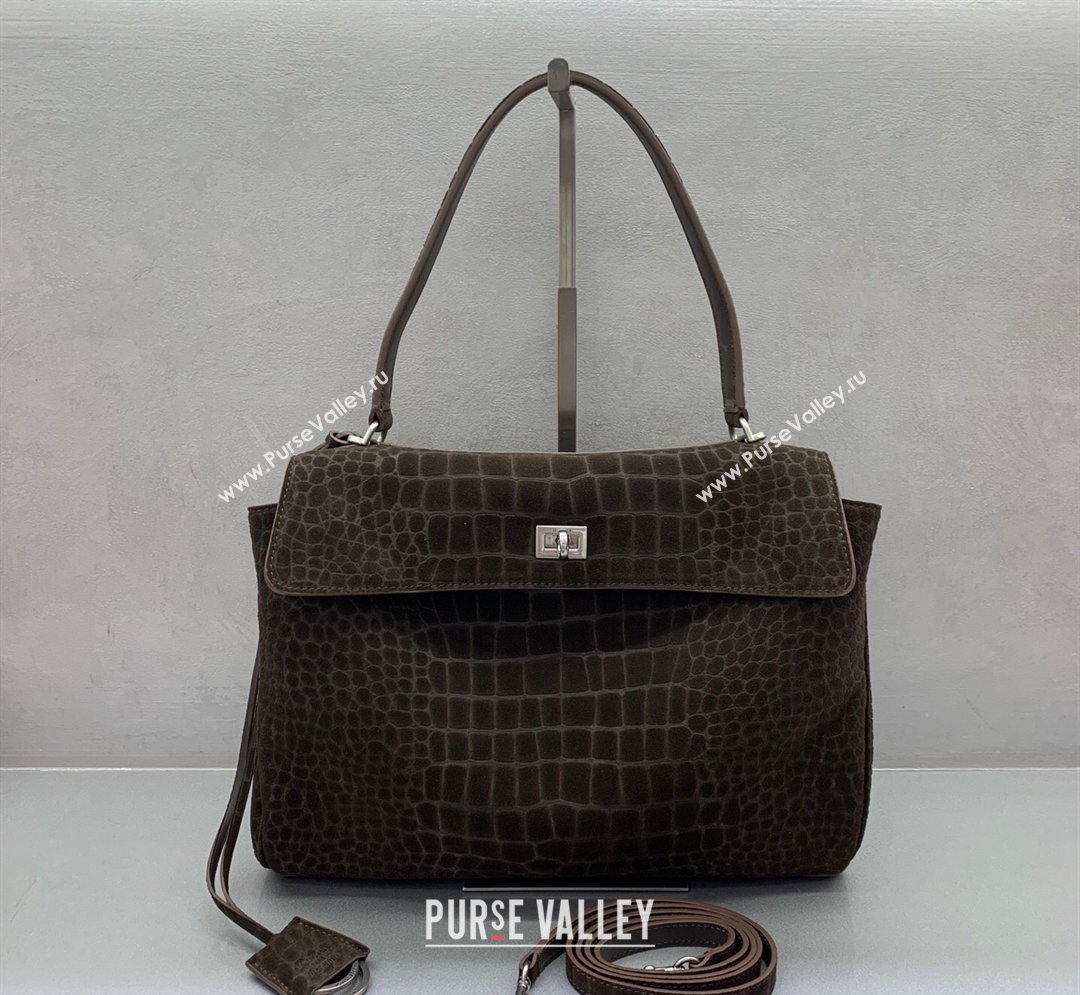 Balenciaga Rodeo Medium Handbag in Crocodile Embossed Suede Dark Coffee 2026 78972 (JM-260122002)