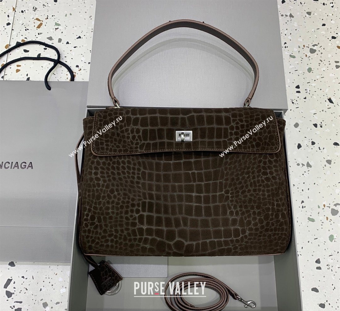Balenciaga Rodeo Medium Handbag in Crocodile Embossed Suede Dark Coffee 2026 78972 (JM-260122002)