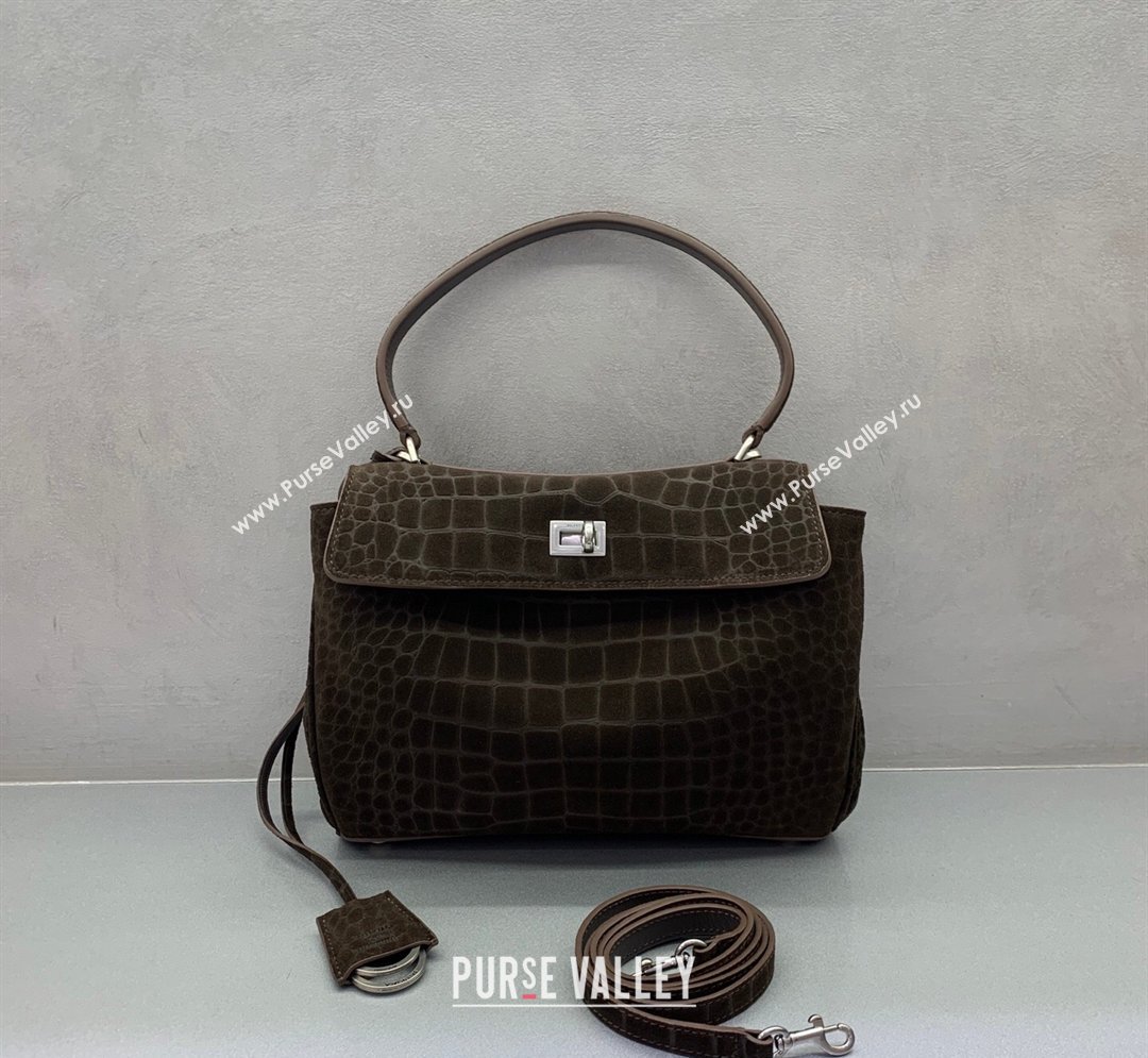 Balenciaga Rodeo Small Handbag in Crocodile Embossed Suede Dark Coffee 2026 78972 (JM-260122001)