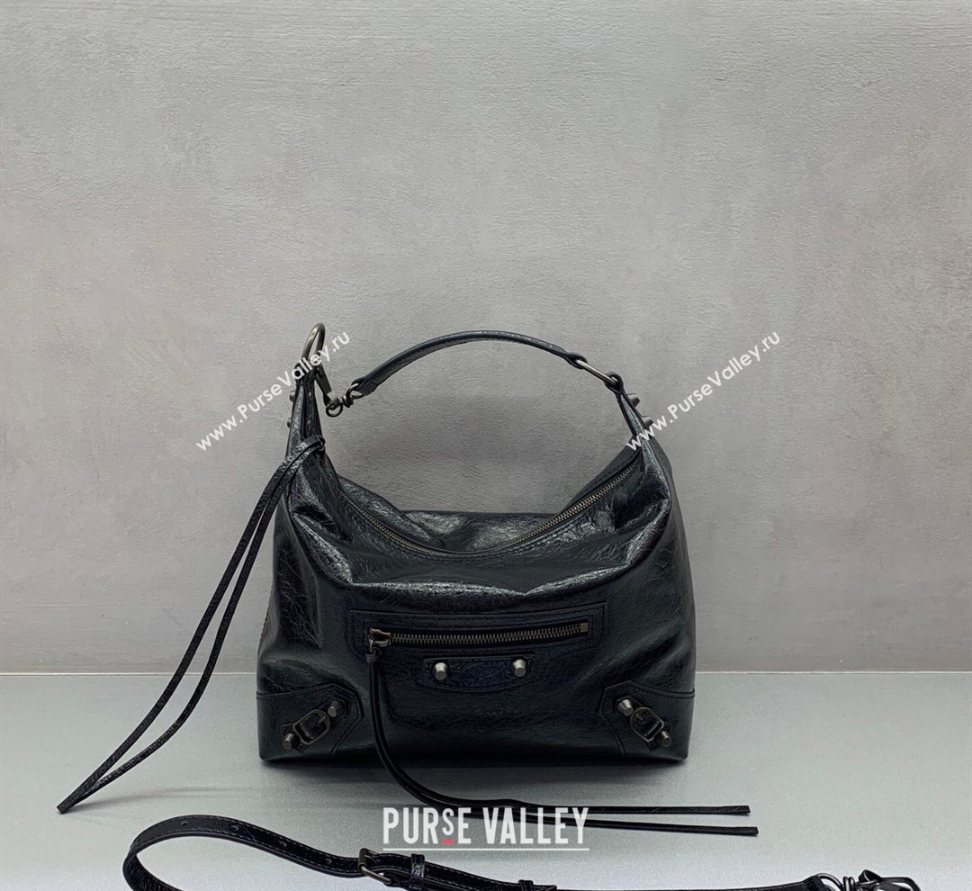Balenciaga Le City Hobo Bag Small in black Arena lambskin, brass hardware 2026 (JM-260122004)