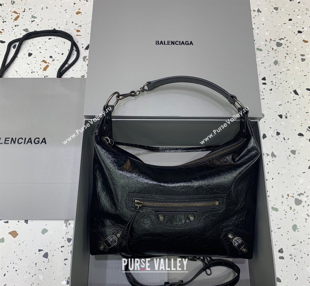 Balenciaga Le City Hobo Bag Small in black Arena lambskin, brass hardware 2026 (JM-260122004)