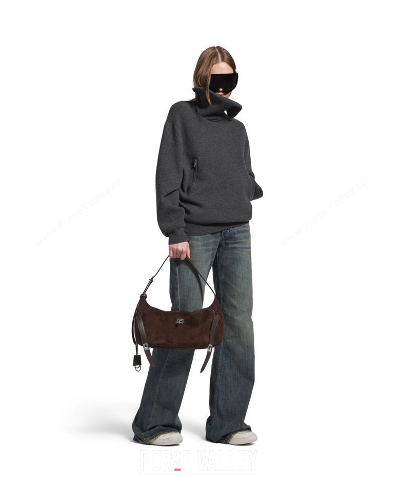 Balenciaga Bel Air Small Hobo Shoulder Bag in dark coffee suede, aged-silver hardware 2026 (JM-260122005)