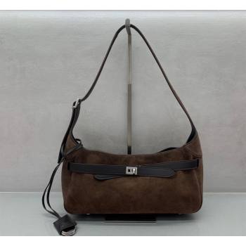 Balenciaga Bel Air Small Hobo Shoulder Bag in dark coffee suede, aged-silver hardware 2026 (JM-260122005)