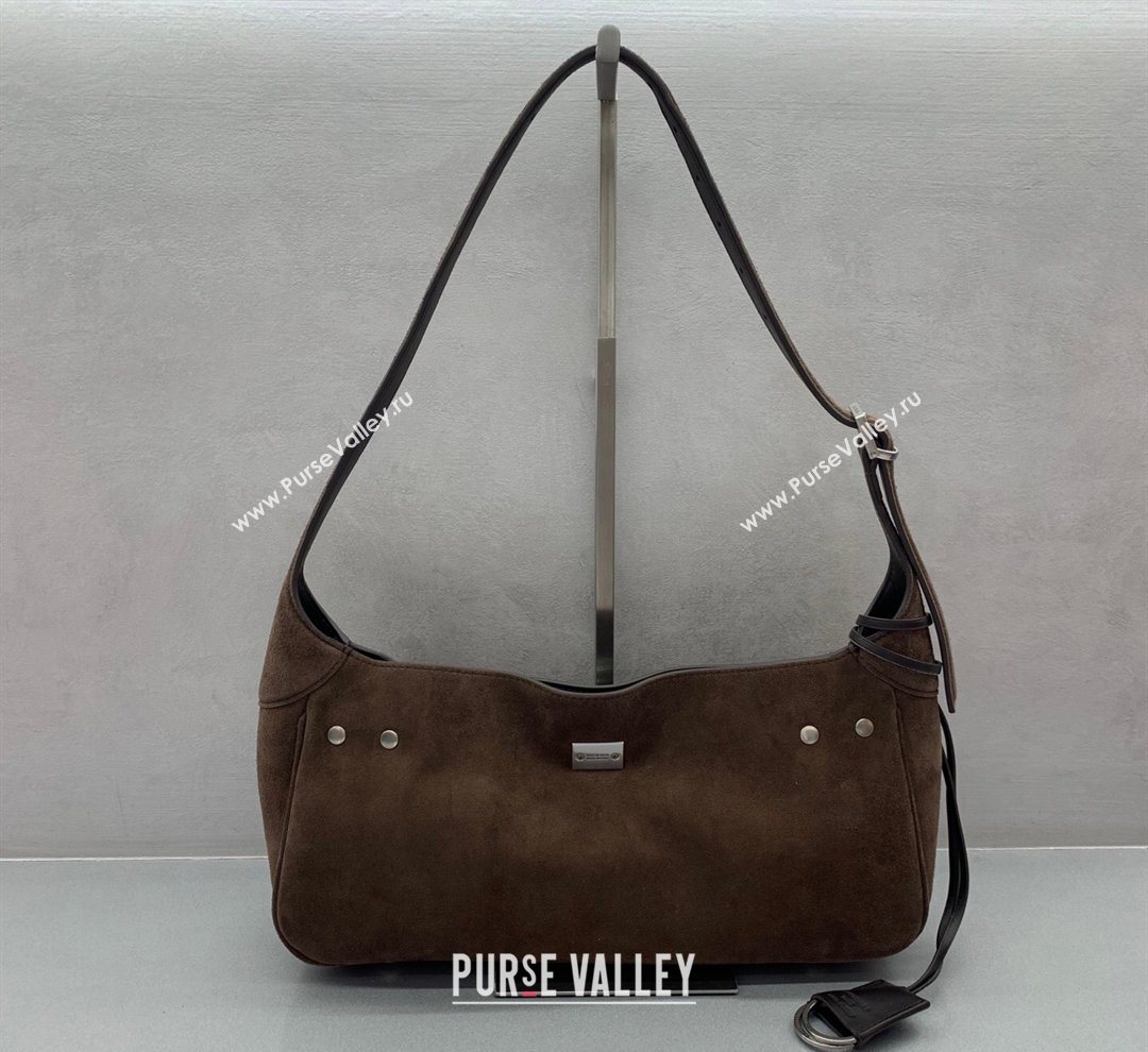 Balenciaga Bel Air Small Hobo Shoulder Bag in dark coffee suede, aged-silver hardware 2026 (JM-260122005)