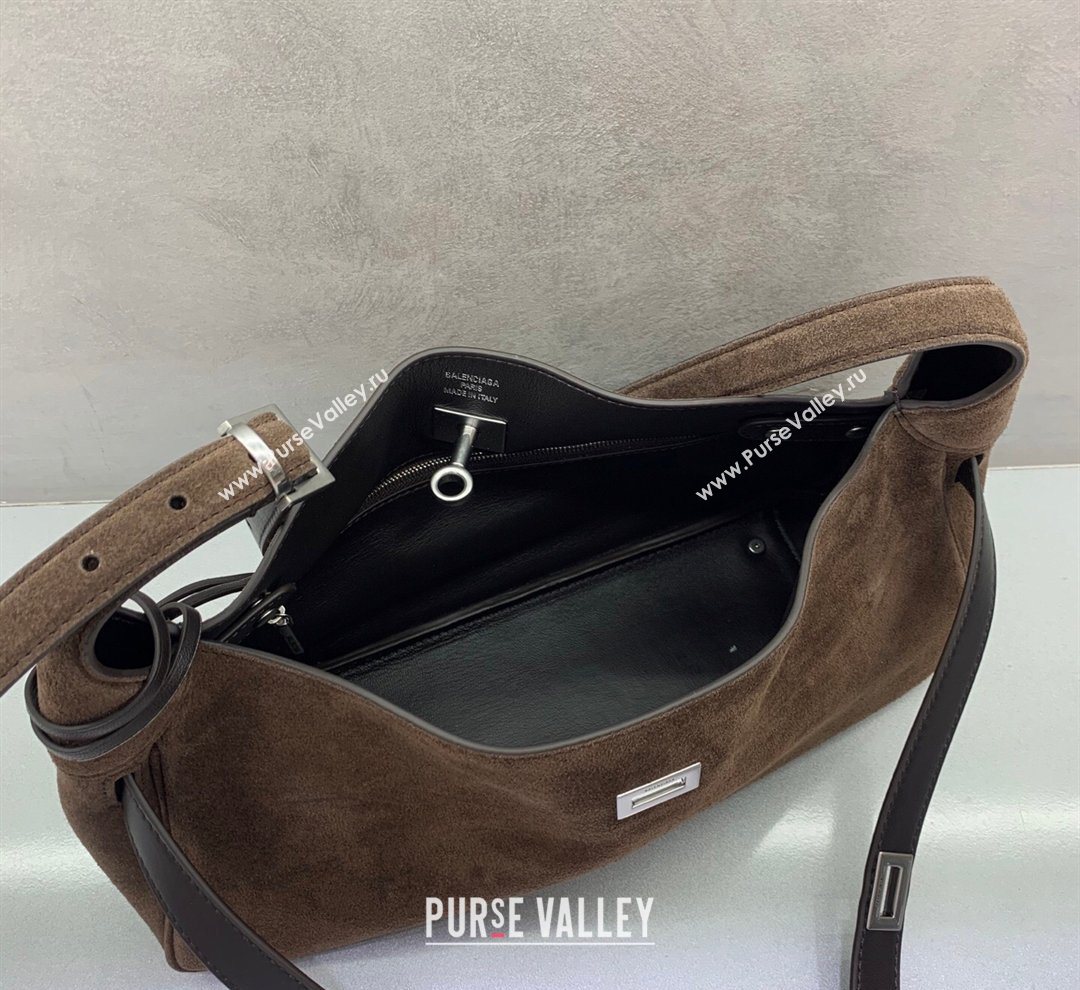 Balenciaga Bel Air Small Hobo Shoulder Bag in dark coffee suede, aged-silver hardware 2026 (JM-260122005)