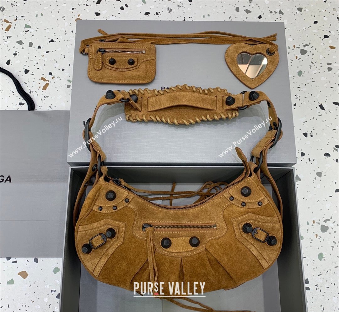 Balenciaga Le Cagole Shoulder Bag Small in light brown suede, brass hardware 2026 (JM-260122012)