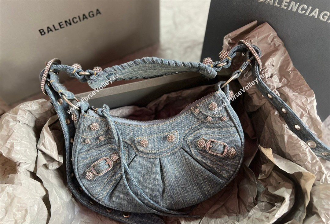 Balenciaga Le Cagole Shoulder Bag XS in blue washed and frayed denim, crystals hardware 2026 BL702 (JM-260403009)