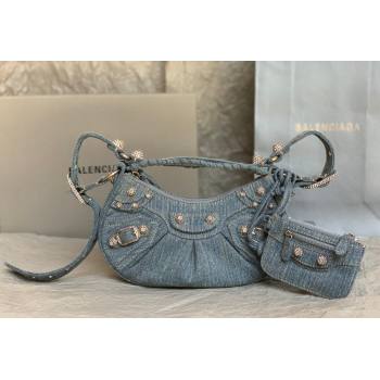 Balenciaga Le Cagole Shoulder Bag XS in blue washed and frayed denim, crystals hardware 2026 BL702 (JM-260403009)