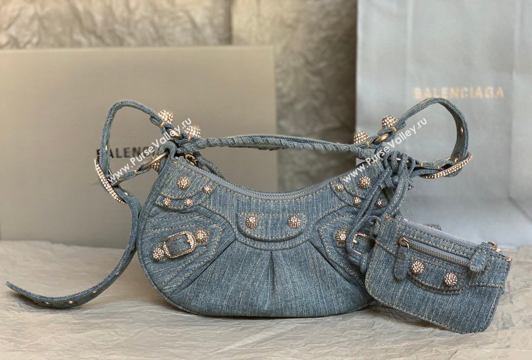 Balenciaga Le Cagole Shoulder Bag XS in blue washed and frayed denim, crystals hardware 2026 BL702 (JM-260403009)