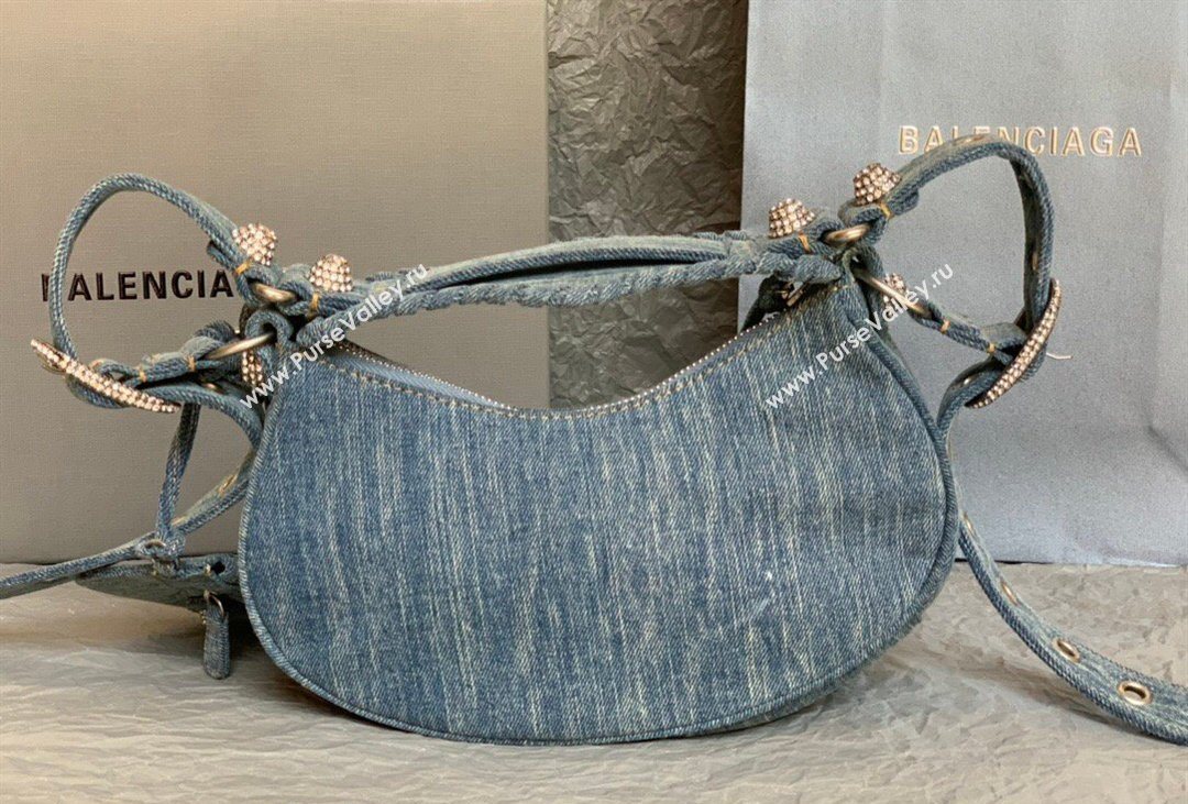 Balenciaga Le Cagole Shoulder Bag XS in blue washed and frayed denim, crystals hardware 2026 BL702 (JM-260403009)