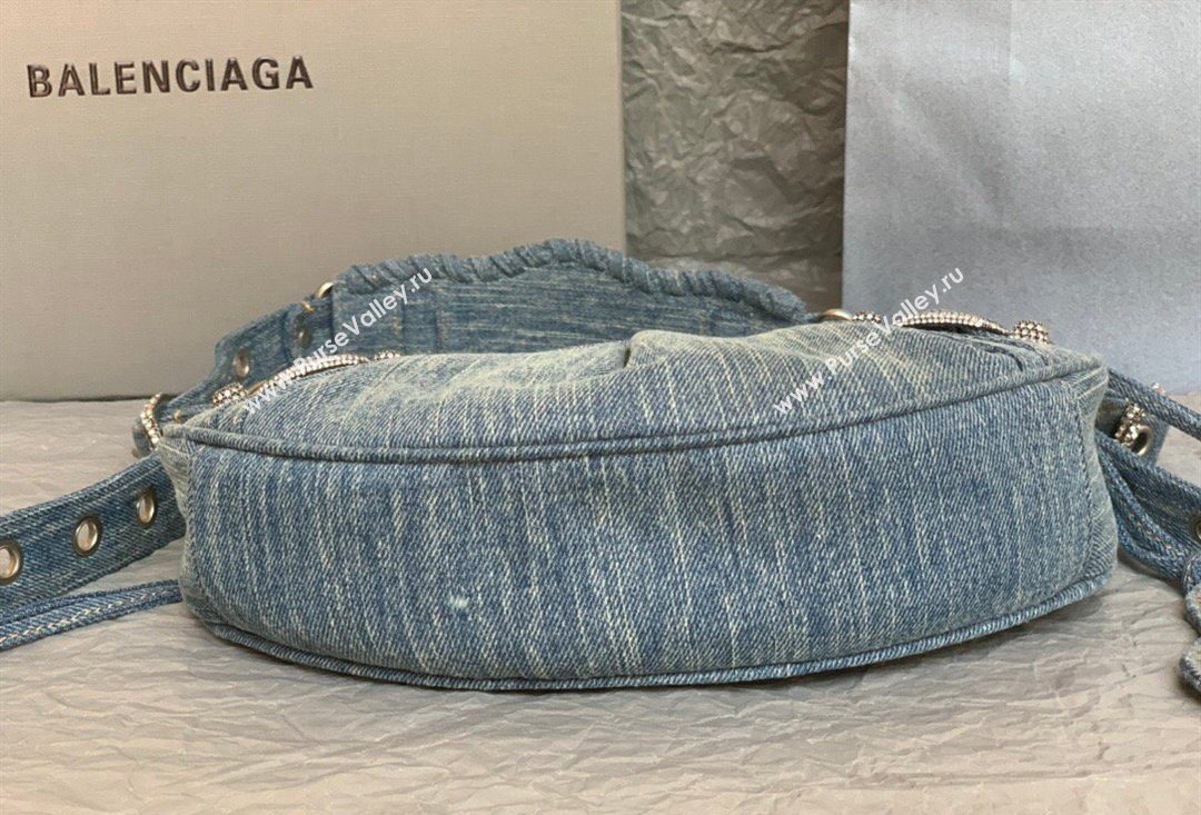 Balenciaga Le Cagole Shoulder Bag XS in blue washed and frayed denim, crystals hardware 2026 BL702 (JM-260403009)