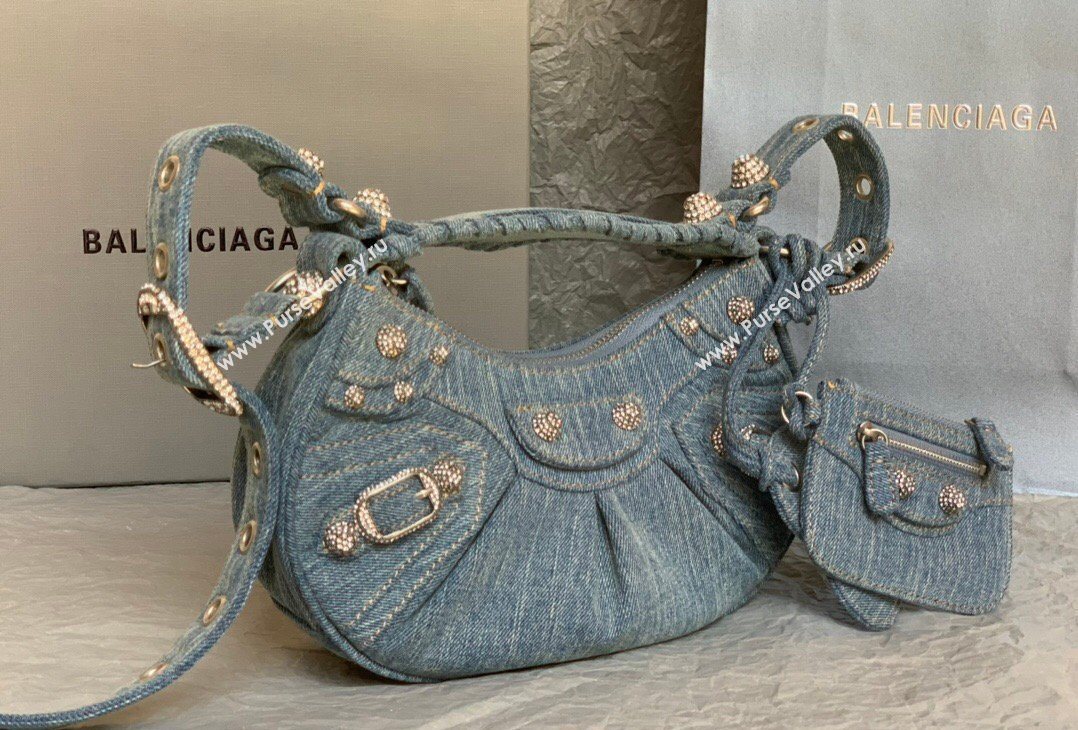 Balenciaga Le Cagole Shoulder Bag XS in blue washed and frayed denim, crystals hardware 2026 BL702 (JM-260403009)