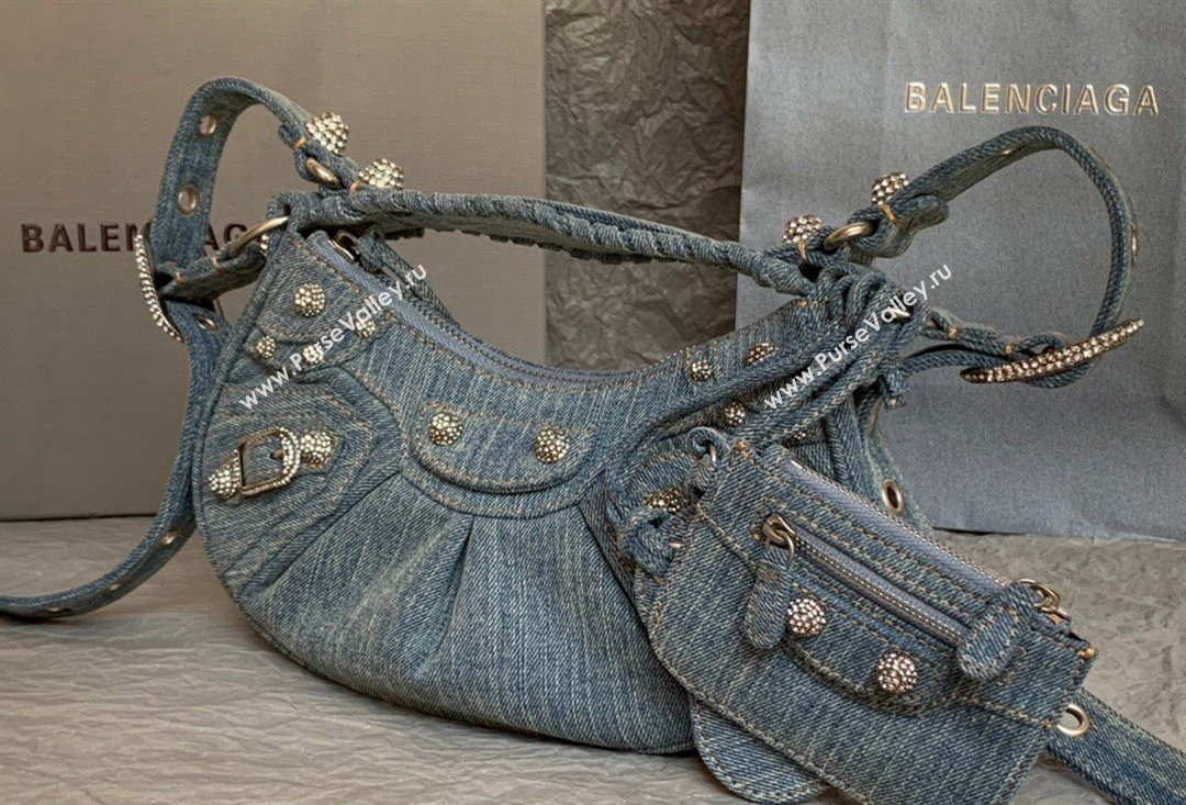 Balenciaga Le Cagole Shoulder Bag XS in blue washed and frayed denim, crystals hardware 2026 BL702 (JM-260403009)