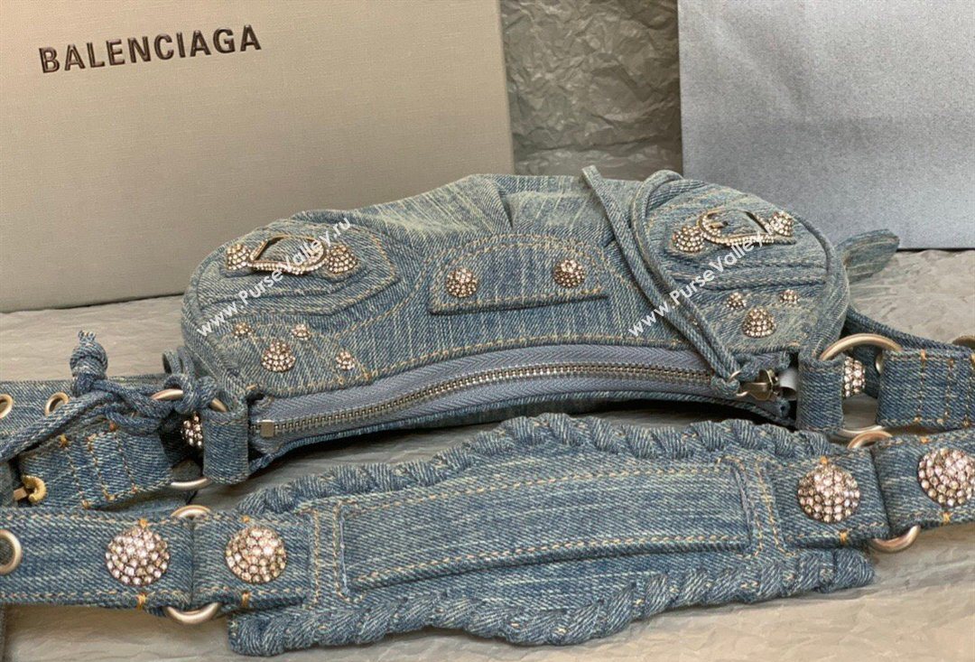 Balenciaga Le Cagole Shoulder Bag XS in blue washed and frayed denim, crystals hardware 2026 BL702 (JM-260403009)