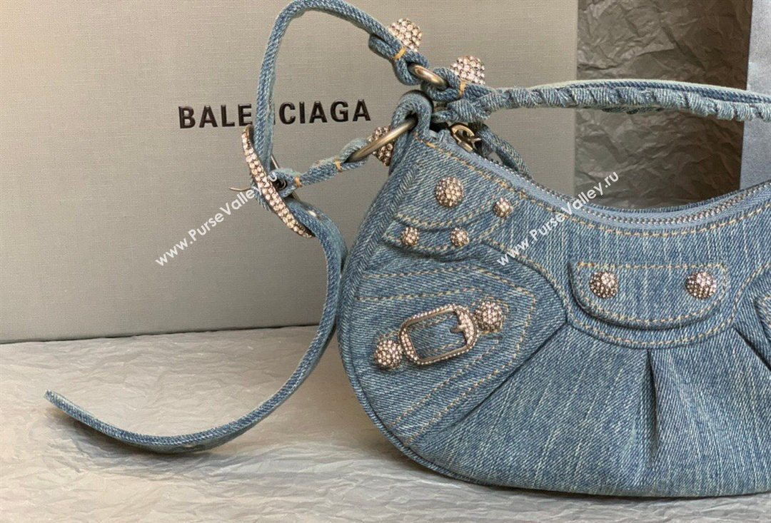 Balenciaga Le Cagole Shoulder Bag XS in blue washed and frayed denim, crystals hardware 2026 BL702 (JM-260403009)