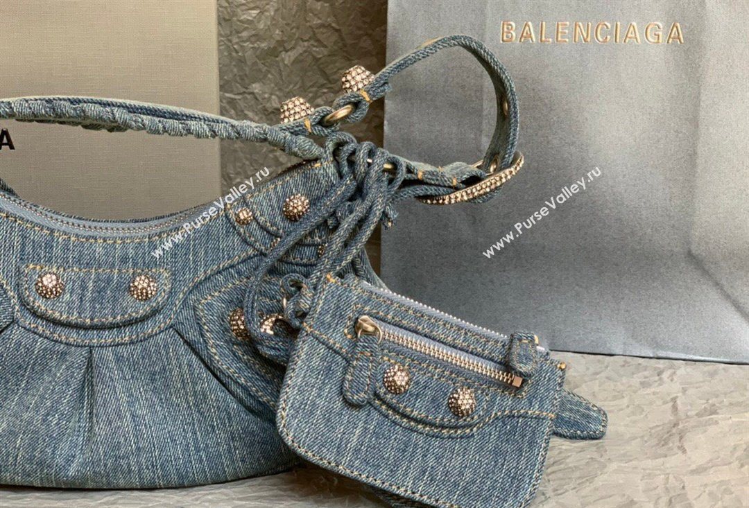 Balenciaga Le Cagole Shoulder Bag XS in blue washed and frayed denim, crystals hardware 2026 BL702 (JM-260403009)