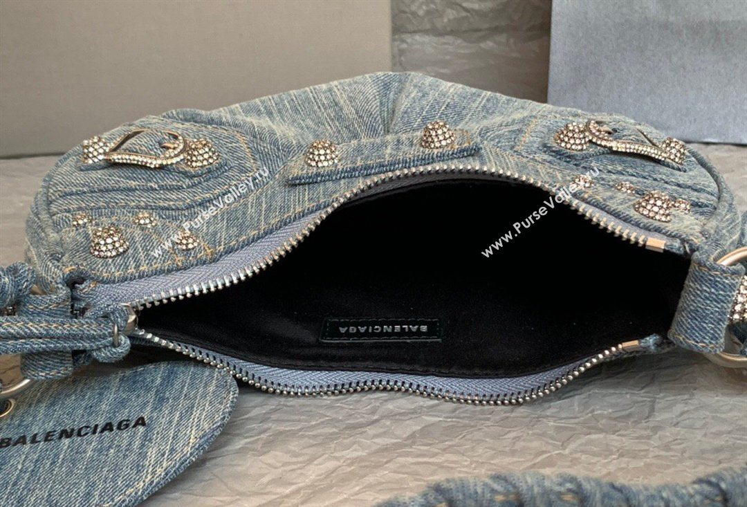 Balenciaga Le Cagole Shoulder Bag XS in blue washed and frayed denim, crystals hardware 2026 BL702 (JM-260403009)