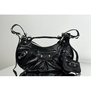 Balenciaga Le Cagole Shoulder Bag Small in Black Arena lambskin, aged-silver hardware 2026 BL701 (JM-260403012)