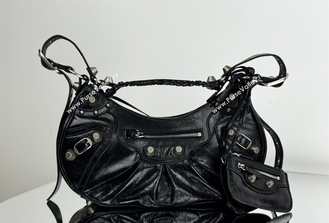 Balenciaga Le Cagole Shoulder Bag Small in Black Arena lambskin, aged-silver hardware 2026 BL701 (JM-260403012)
