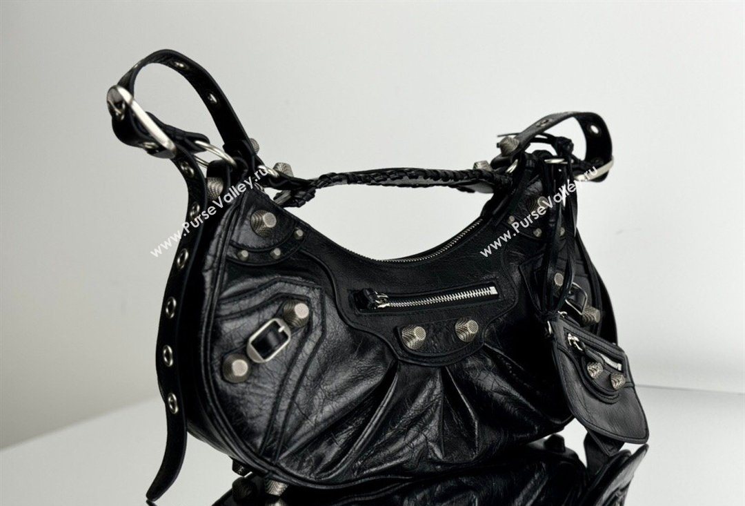 Balenciaga Le Cagole Shoulder Bag Small in Black Arena lambskin, aged-silver hardware 2026 BL701 (JM-260403012)