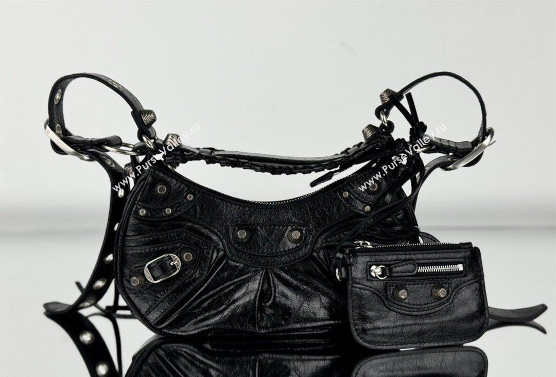 Balenciaga Le Cagole Shoulder Bag XS in Black Arena lambskin, aged-silver hardware 2026 BL701 (JM-260403011)